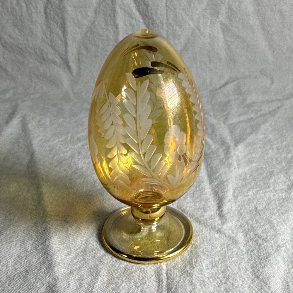 Amber Glass Egg Floral Etched Design Footed Base
